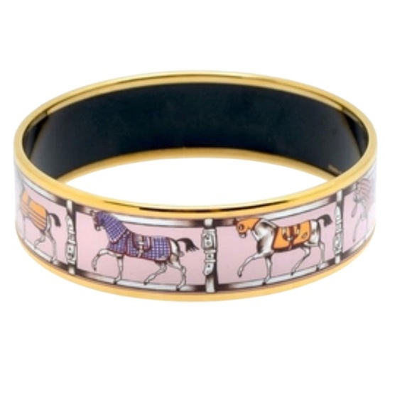 Authentic Hermès Wide Enamel Bracelet. Grand Apparat equestrian motifs. Pink. - Picture 3 of 9
